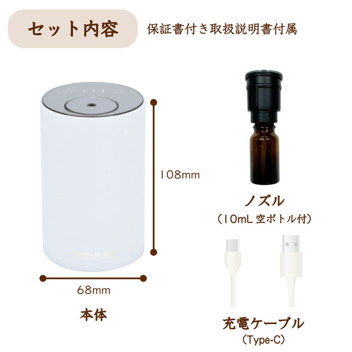 アロマブルーム モバイル アロマディフューザー ホワイト 水を使わない 充電式 コードレス ディフューザー アロマ ネブライザー USBタイプC